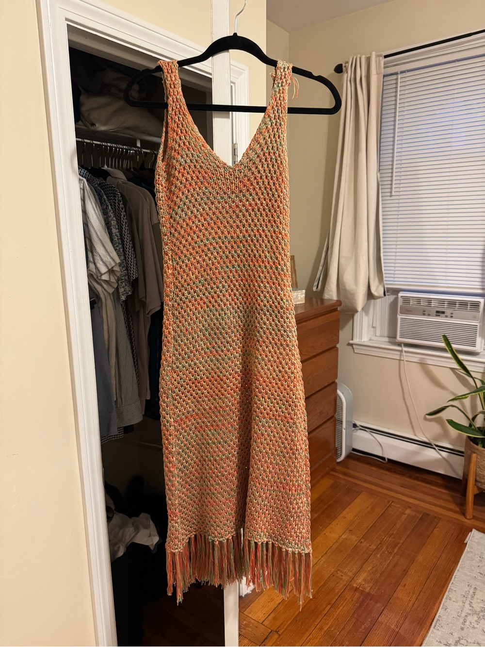 Hand-Crocheted Fringe Midi Dress in Orange and Green
